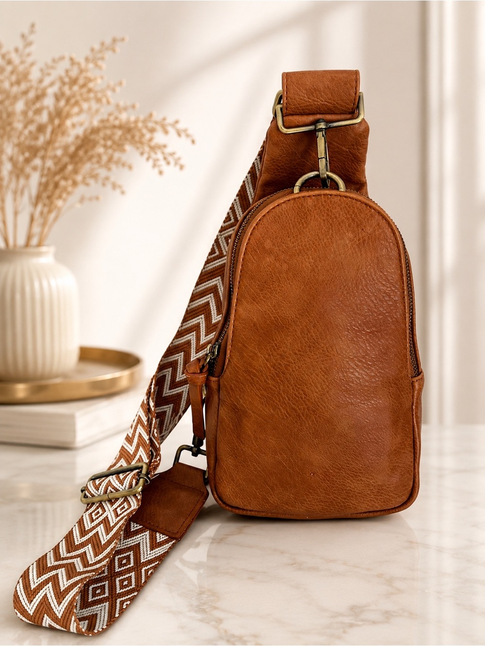 Urban Originals Tan Vegan Leather Sling Backpack Crossbody Bag Guitar Strap